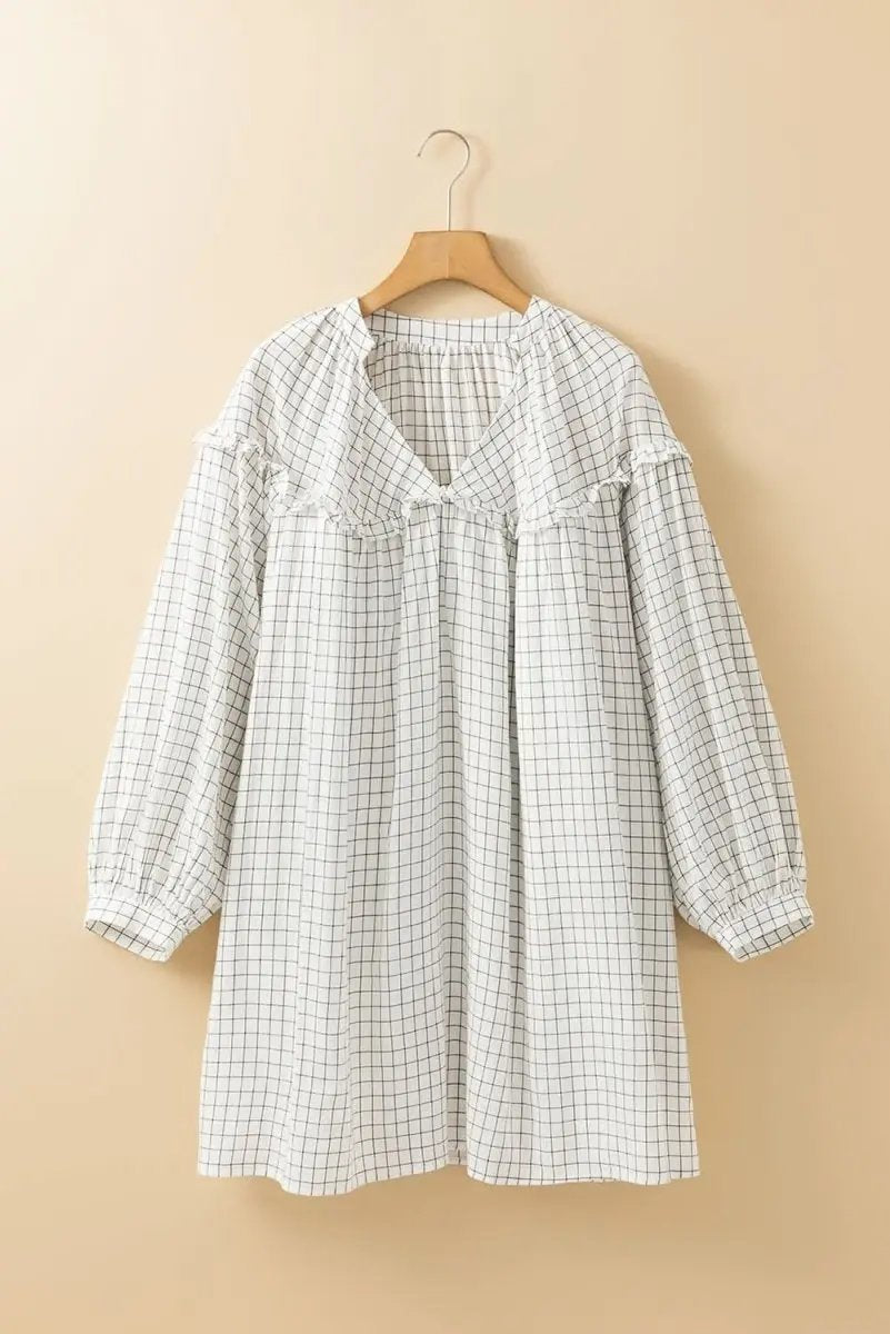 White Stripe Checkered Frilled V Neck Bracelet Sleeve Babydoll Dress - Love Salve